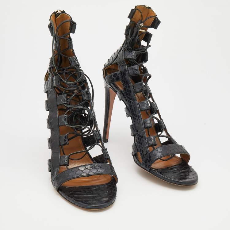 Pre Owned Aquazzura Black Watersnake Leather Amazon Lace Up Open Toe Sandals Size 36