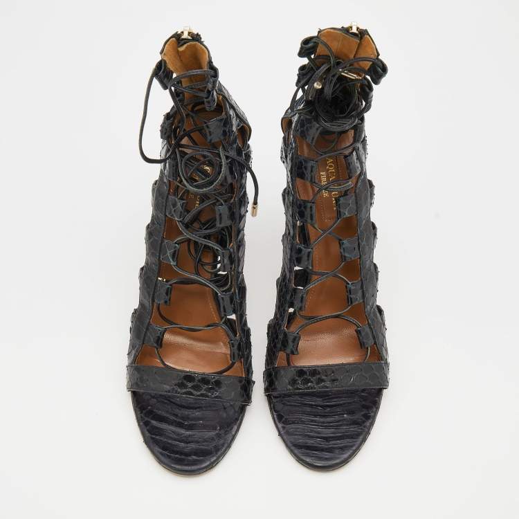 Pre Owned Aquazzura Black Watersnake Leather Amazon Lace Up Open Toe Sandals Size 36