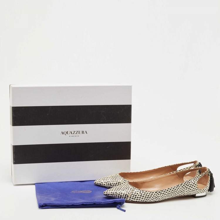 مملوكة مسبقًا Aquazzura Beige/Cream Snake Embossed Leather Forever Marilyn Tassel Ballet Flats Size 37