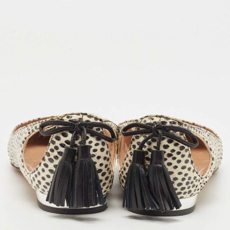 مملوكة مسبقًا Aquazzura Beige/Cream Snake Embossed Leather Forever Marilyn Tassel Ballet Flats Size 37