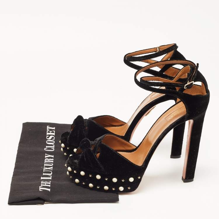 Pre Owned Aquazzura Black Knotted Velvet Harlow Embellished Platform Sandals Size 41