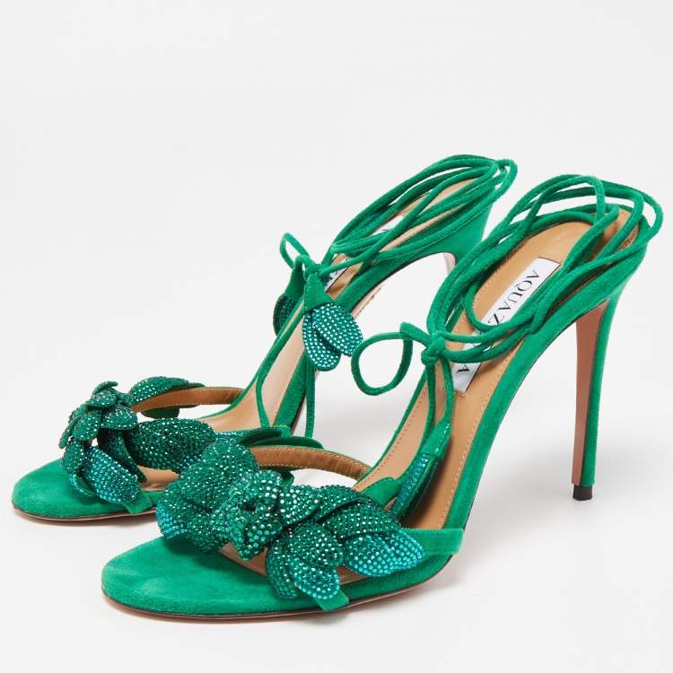 Pre Owned Aquazzura Green Suede Galactic Flower Ankle Tie Sandals Size 38