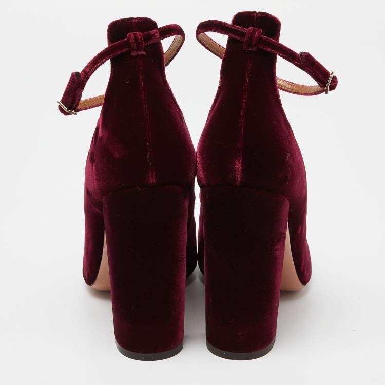 مملوكة مسبقًا Aquazzura Burgundy Velvet Alix Ankle Strap Block Heel Pumps Size 40