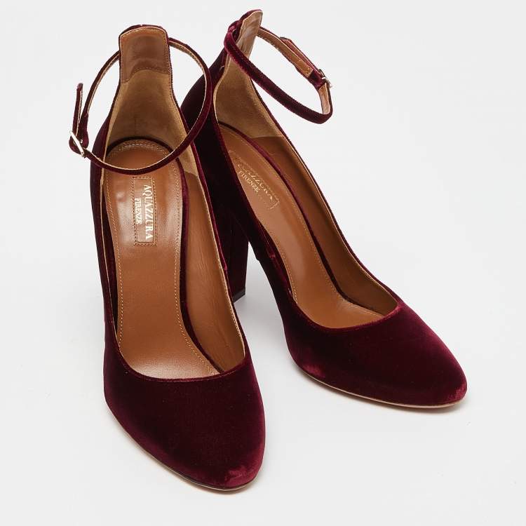 مملوكة مسبقًا Aquazzura Burgundy Velvet Alix Ankle Strap Block Heel Pumps Size 40