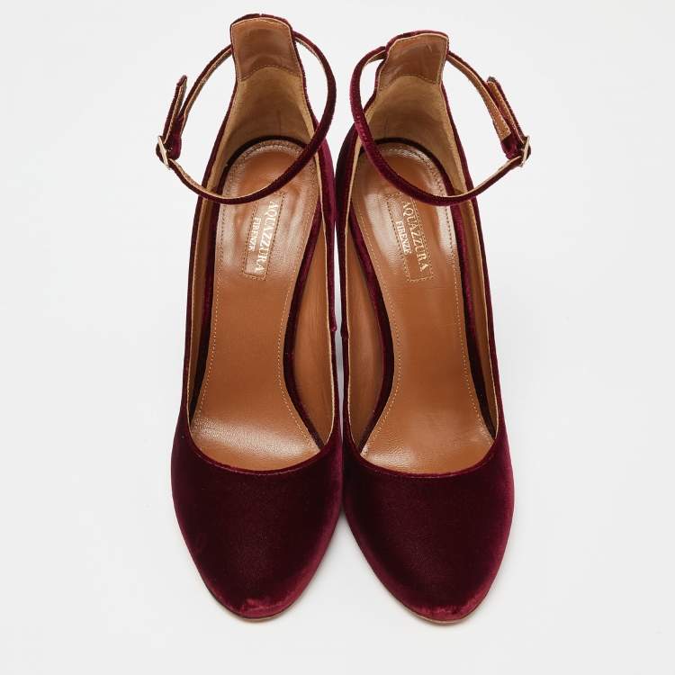 مملوكة مسبقًا Aquazzura Burgundy Velvet Alix Ankle Strap Block Heel Pumps Size 40
