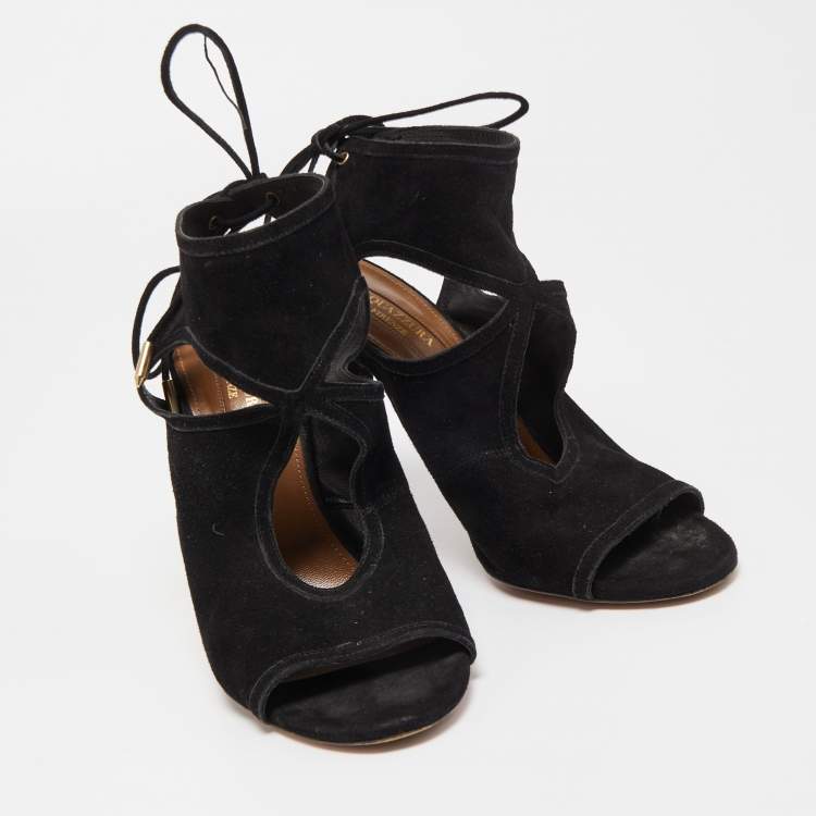 Pre Owned Aquazzura Black Suede Tie Up Strap Sandals Size 37