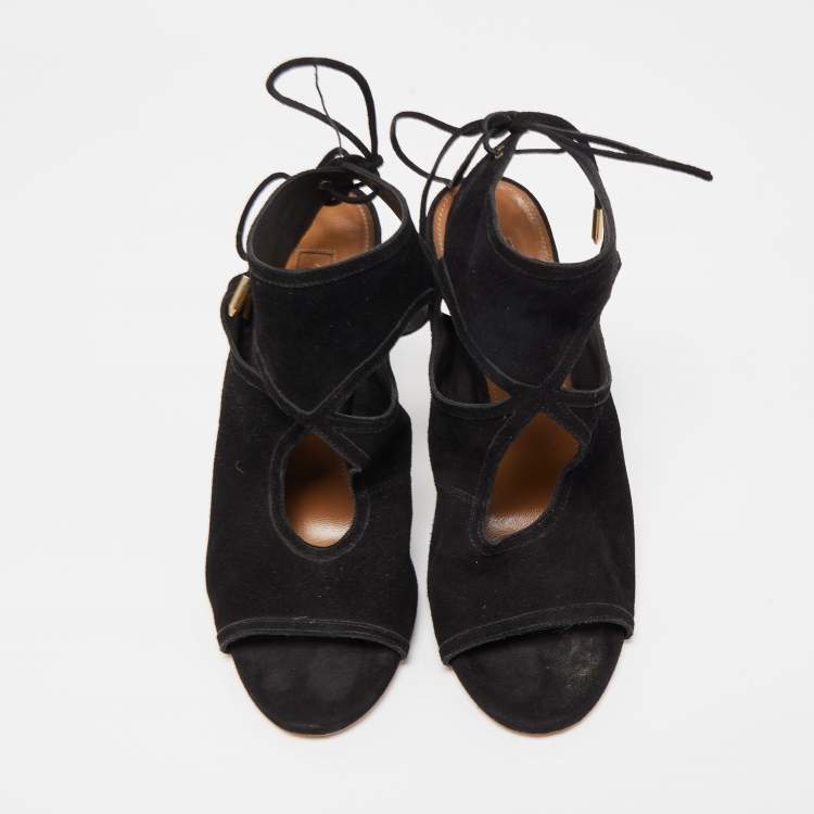 Pre Owned Aquazzura Black Suede Tie Up Strap Sandals Size 37