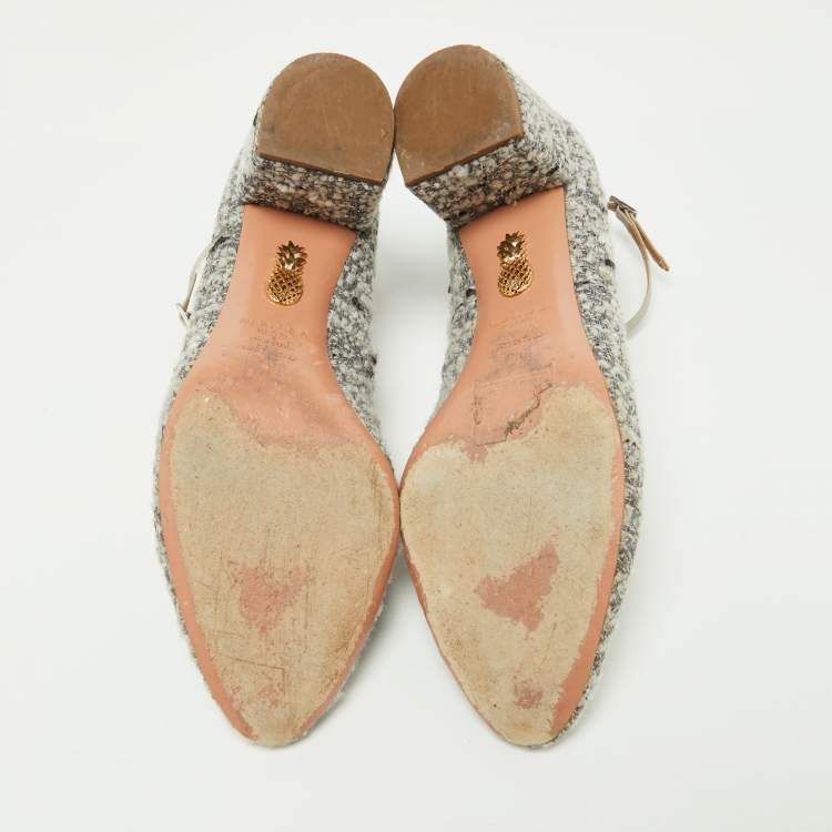 Pre Owned Aquazzura Grey Tweed and Leather Block Heel Pumps Size 40