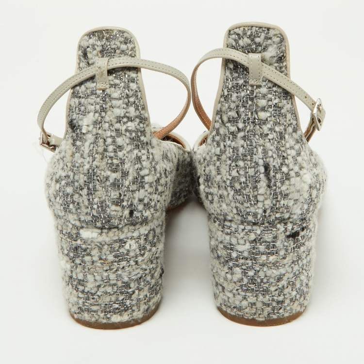 Pre Owned Aquazzura Grey Tweed and Leather Block Heel Pumps Size 40