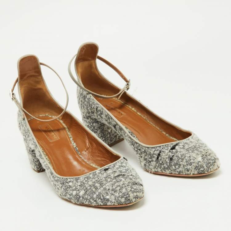 Pre Owned Aquazzura Grey Tweed and Leather Block Heel Pumps Size 40