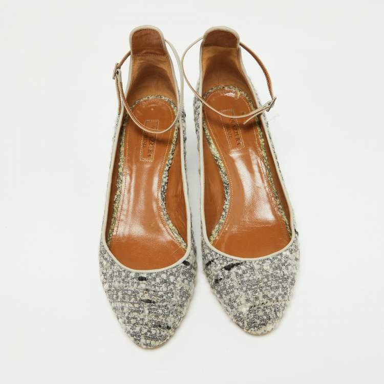 Pre Owned Aquazzura Grey Tweed and Leather Block Heel Pumps Size 40