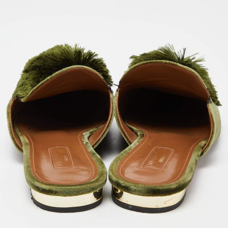 مملوكة مسبقًا Aquazzura Green Velvet Powder Puff Pom Pom Flat Mules Size 40