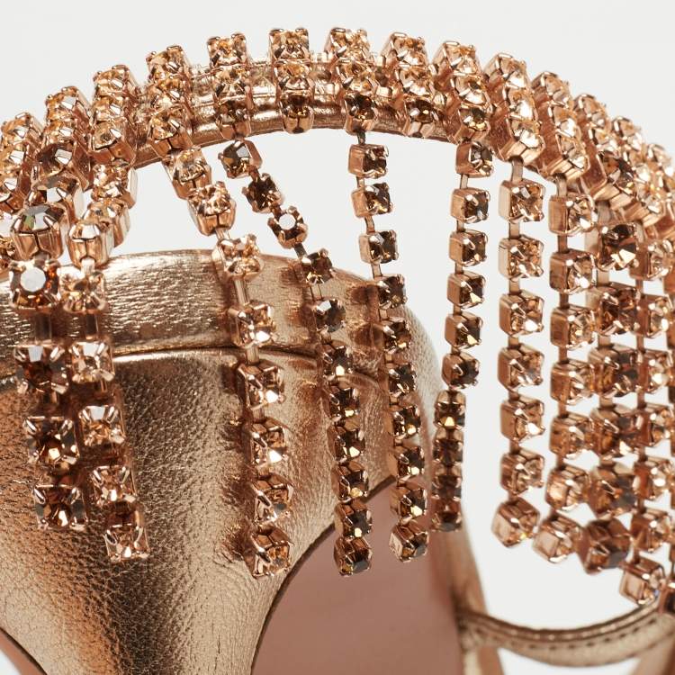 Pre Owned Aquazzura Metallic Gold Leather Embellished Ankle Strap Slingback Sandals Size 37