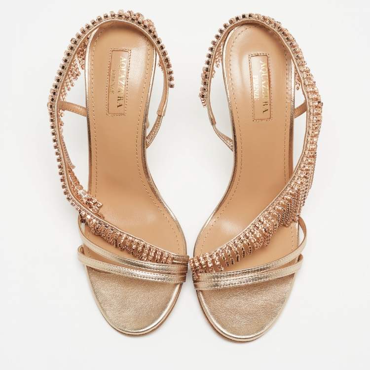 Pre Owned Aquazzura Metallic Gold Leather Embellished Ankle Strap Slingback Sandals Size 37