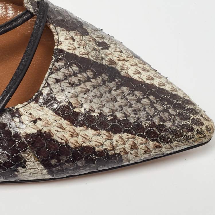 Pre Owned Aquazzura Two Tone Snakeskin Belgravia Ankle Tie Flats Size 36.5
