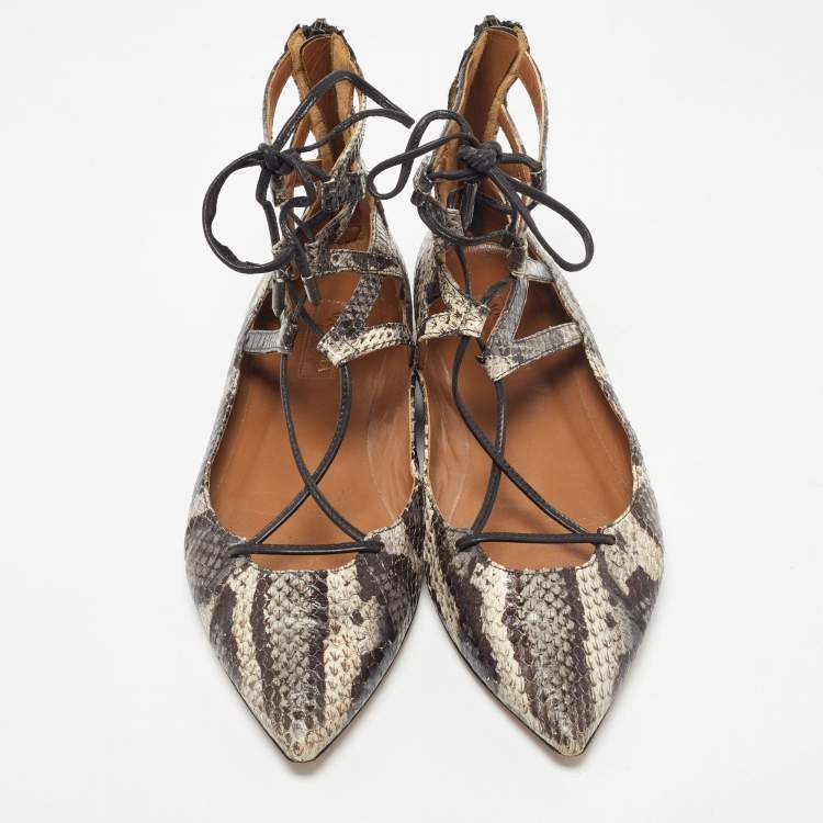 Pre Owned Aquazzura Two Tone Snakeskin Belgravia Ankle Tie Flats Size 36.5