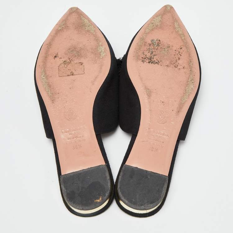 مملوكة مسبقًا Aquazzura Black Suede Powder Puff Pom Pom Mules Size 39.5