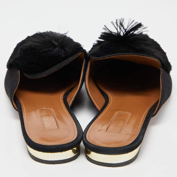 مملوكة مسبقًا Aquazzura Black Suede Powder Puff Pom Pom Mules Size 39.5