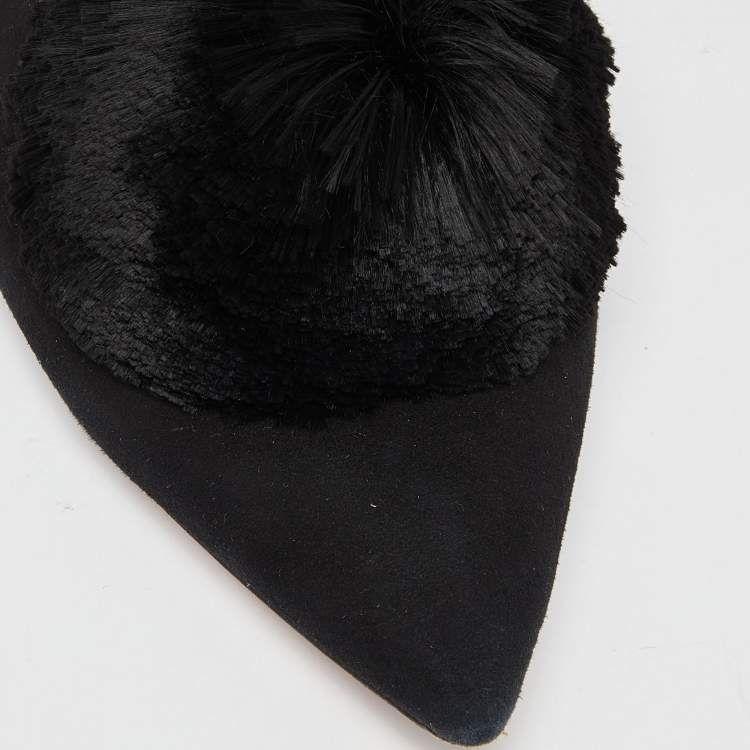 مملوكة مسبقًا Aquazzura Black Suede Powder Puff Pom Pom Mules Size 39.5