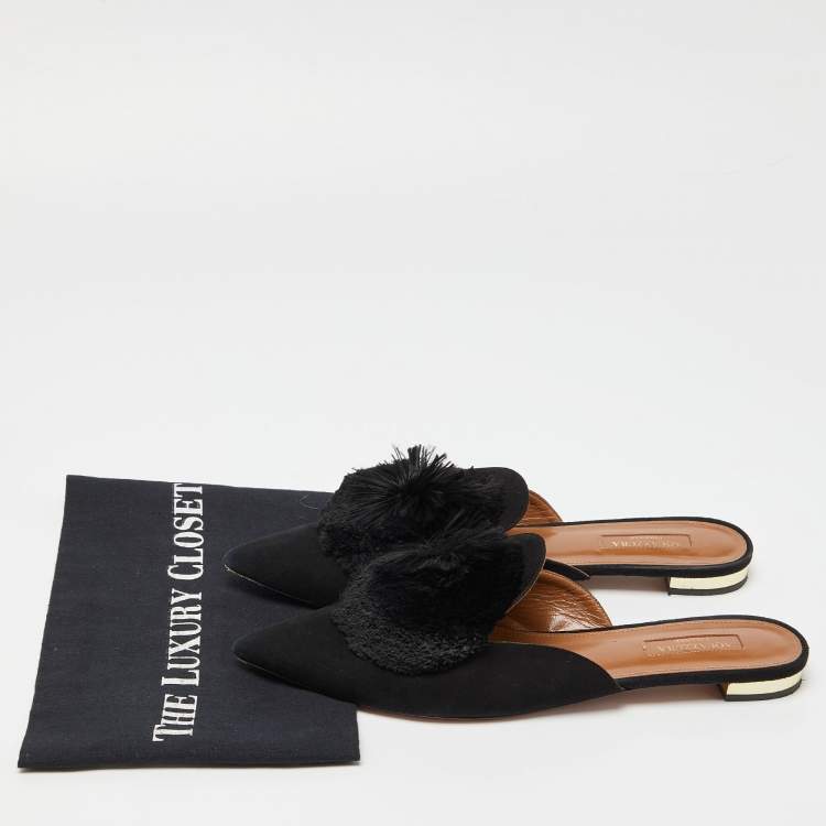 مملوكة مسبقًا Aquazzura Black Suede Powder Puff Pom Pom Mules Size 39.5