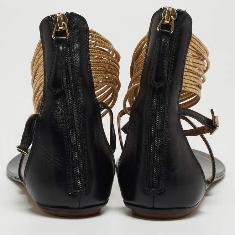 مملوكة مسبقًا Aquazzura Black/Gold Leather T-Straps Flat Sandals Size 36