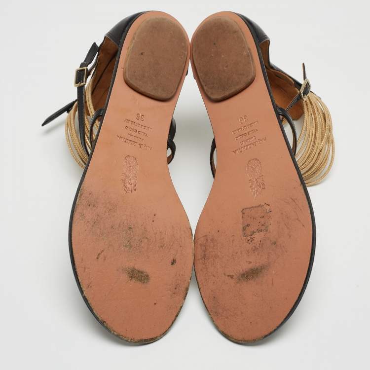 مم�لوكة مسبقًا Aquazzura Black/Gold Leather T-Straps Flat Sandals Size 36