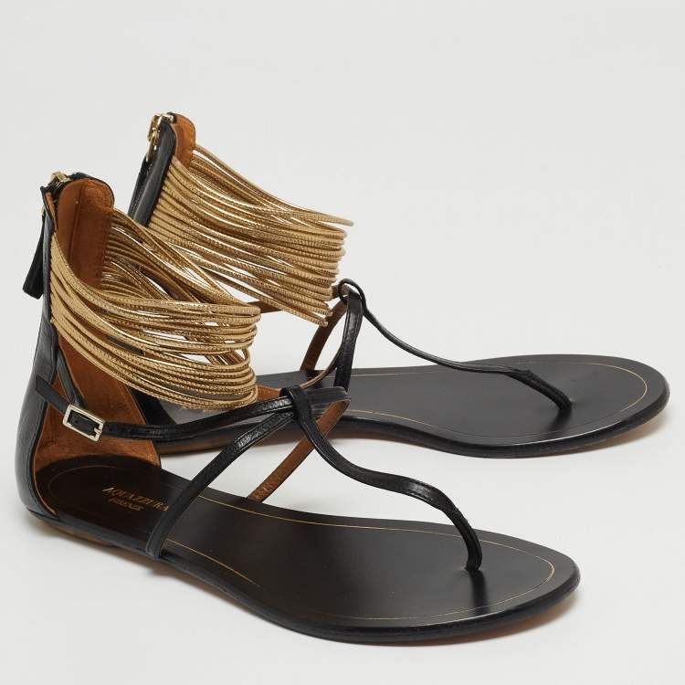 مملوكة مسبقًا Aquazzura Black/Gold Leather T-Straps Flat Sandals Size 36