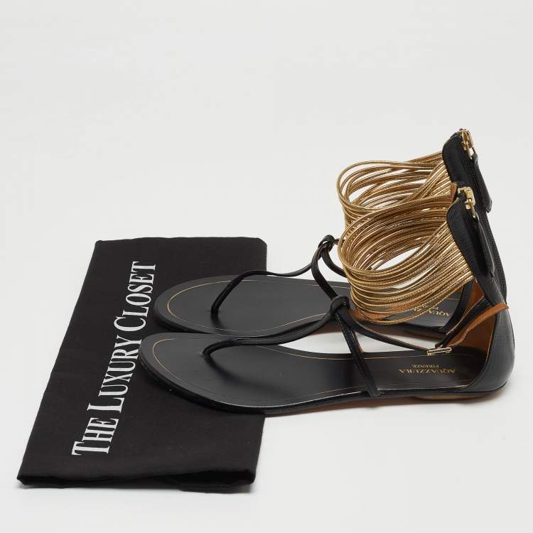 مملوكة مسبقًا Aquazzura Black/Gold Leather T-Straps Flat Sandals Size 36