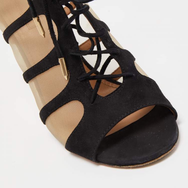 Pre Owned Aquazzura Black Lace And Suede Lace Up  Booties Size 36.5