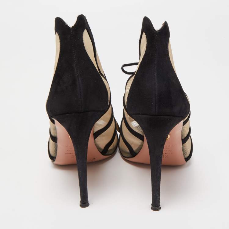 Pre Owned Aquazzura Black Lace And Suede Lace Up  Booties Size 36.5