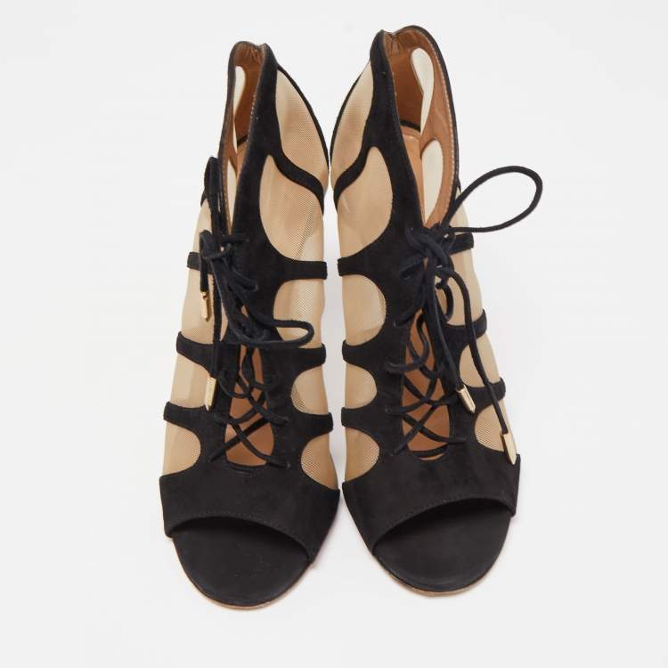 Pre Owned Aquazzura Black Lace And Suede Lace Up  Booties Size 36.5