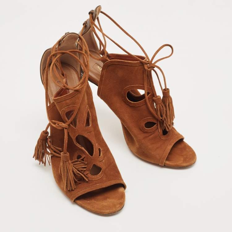 Pre Owned Aquazzura Brown Suede Get Me Everywhere Sandals Size 38.5