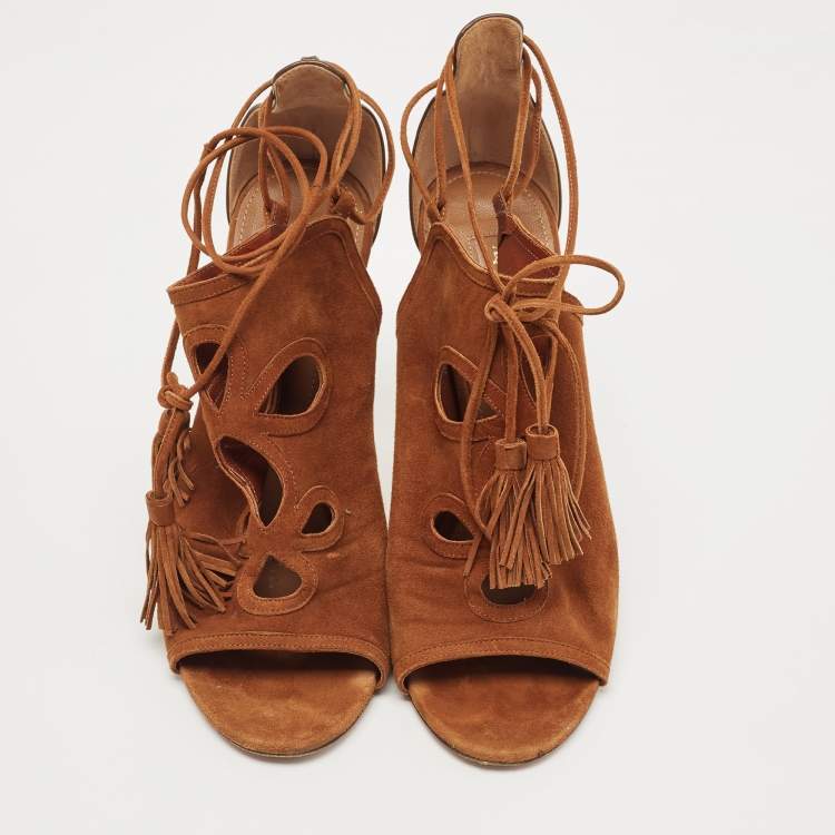 Pre Owned Aquazzura Brown Suede Get Me Everywhere Sandals Size 38.5