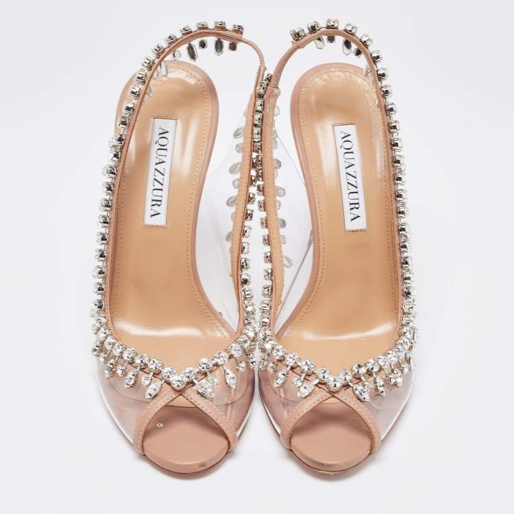 Pre Owned Aquazzura Transparent/Beige PVC and Leather Temptation Slingback Pumps Size 37
