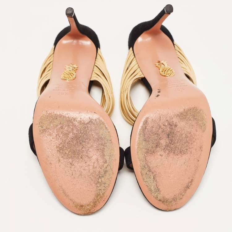 مملوكة مسبقًا Aquazzura Black/Gold Suede and Leather Rendez Vous Sandals Size 36.5