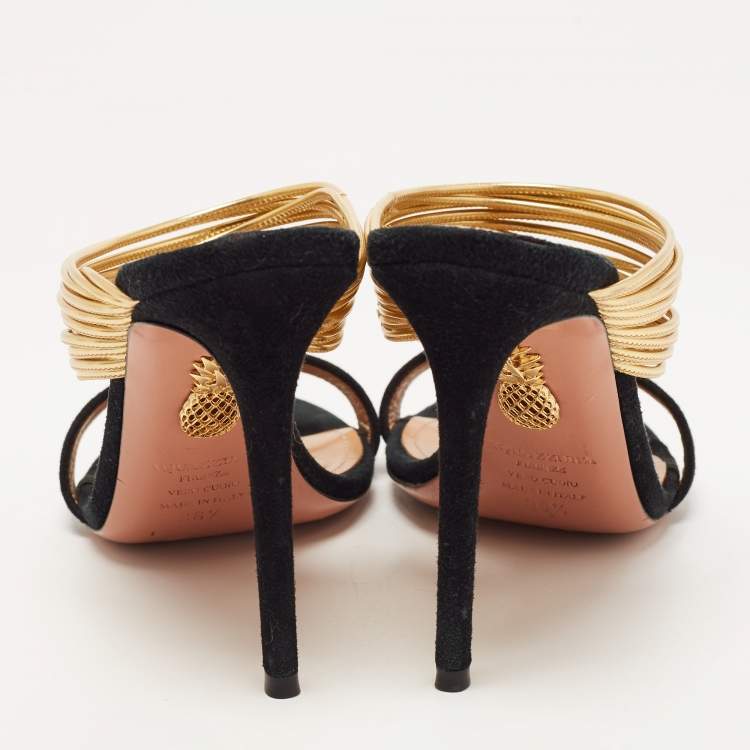 مملوكة مسبقًا Aquazzura Black/Gold Suede and Leather Rendez Vous Sandals Size 36.5