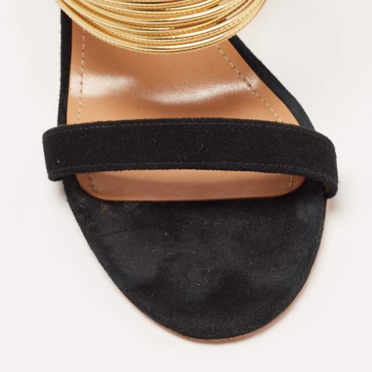 مملوكة مسبقًا Aquazzura Black/Gold Suede and Leather Rendez Vous Sandals Size 36.5