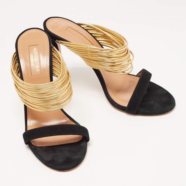 مملوكة مسبقًا Aquazzura Black/Gold Suede and Leather Rendez Vous Sandals Size 36.5