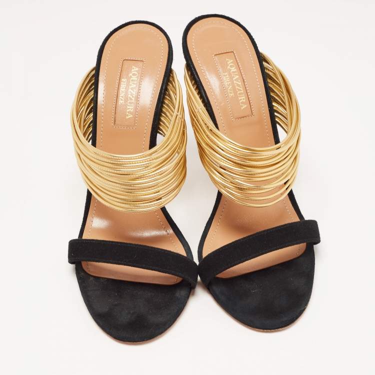 مملوكة مسبقًا Aquazzura Black/Gold Suede and Leather Rendez Vous Sandals Size 36.5
