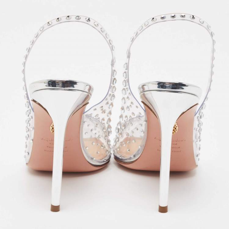 Pre Owned Aquazzura Silver PVC Stardust Embellished Slingback Pumps Size 38