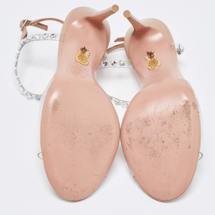 Pre Owned Aquazzura Beige PVC and Leather Crystal Embellished T-Strap Sandals Size 37