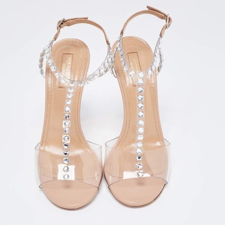 Pre Owned Aquazzura Beige PVC and Leather Crystal Embellished T-Strap Sandals Size 37