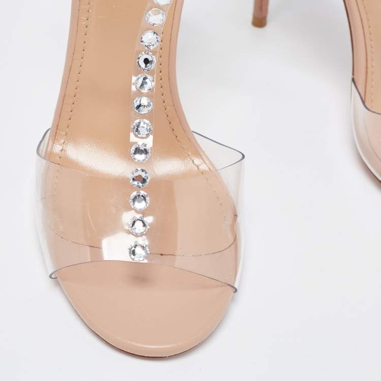 Pre Owned Aquazzura Beige PVC and Leather Crystal Embellished T-Strap Sandals Size 37