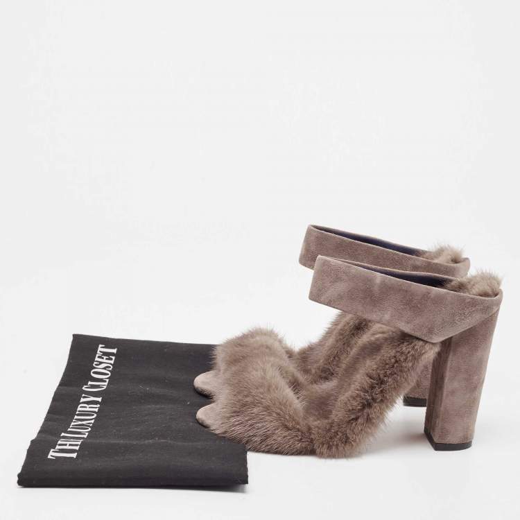 Pre Owned Aquazzura Grey Suede and Fur Ankle Strap Sandals Size 38