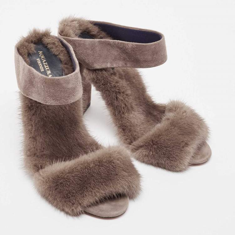 Pre Owned Aquazzura Grey Suede and Fur Ankle Strap Sandals Size 38