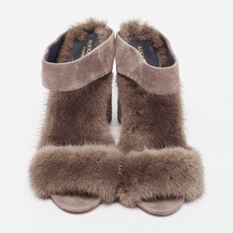 Pre Owned Aquazzura Grey Suede and Fur Ankle Strap Sandals Size 38
