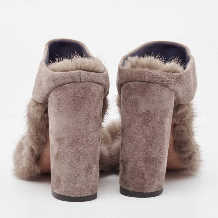 Pre Owned Aquazzura Grey Suede and Fur Ankle Strap Sandals Size 38