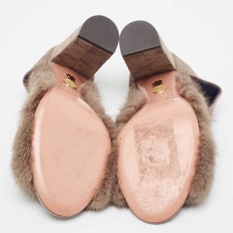 Pre Owned Aquazzura Grey Suede and Fur Ankle Strap Sandals Size 38