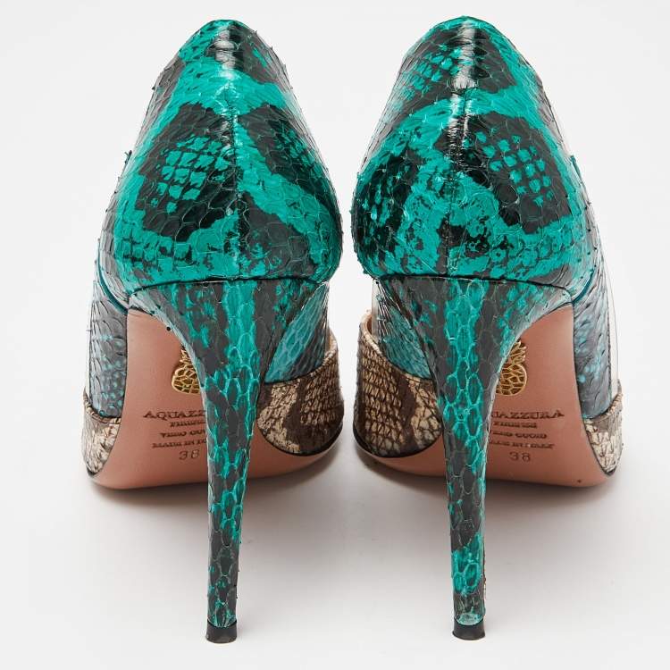 Pre Owned Aquazzura Multicolor Watersnake Leather and PVC Pointed Toe Pumps Size 38