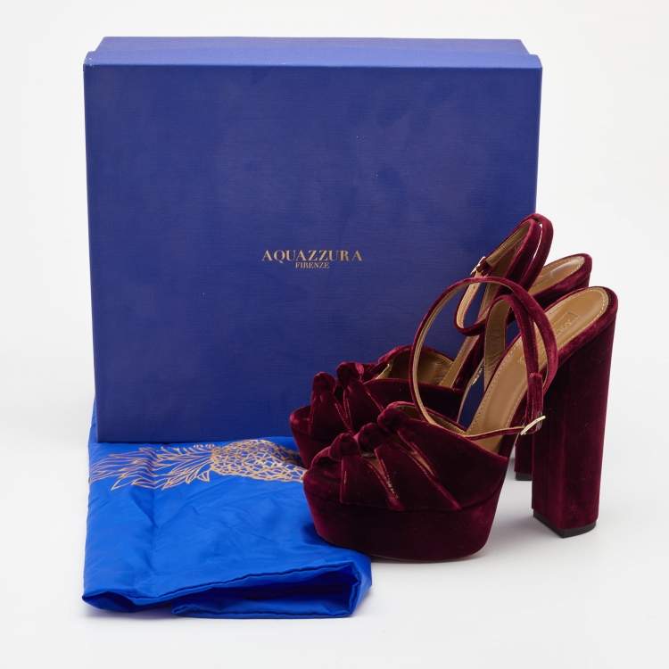 Pre Owned Aquazzura Burgundy Velvet Mira Platform Ankle Wrap Sandals Size 38.5